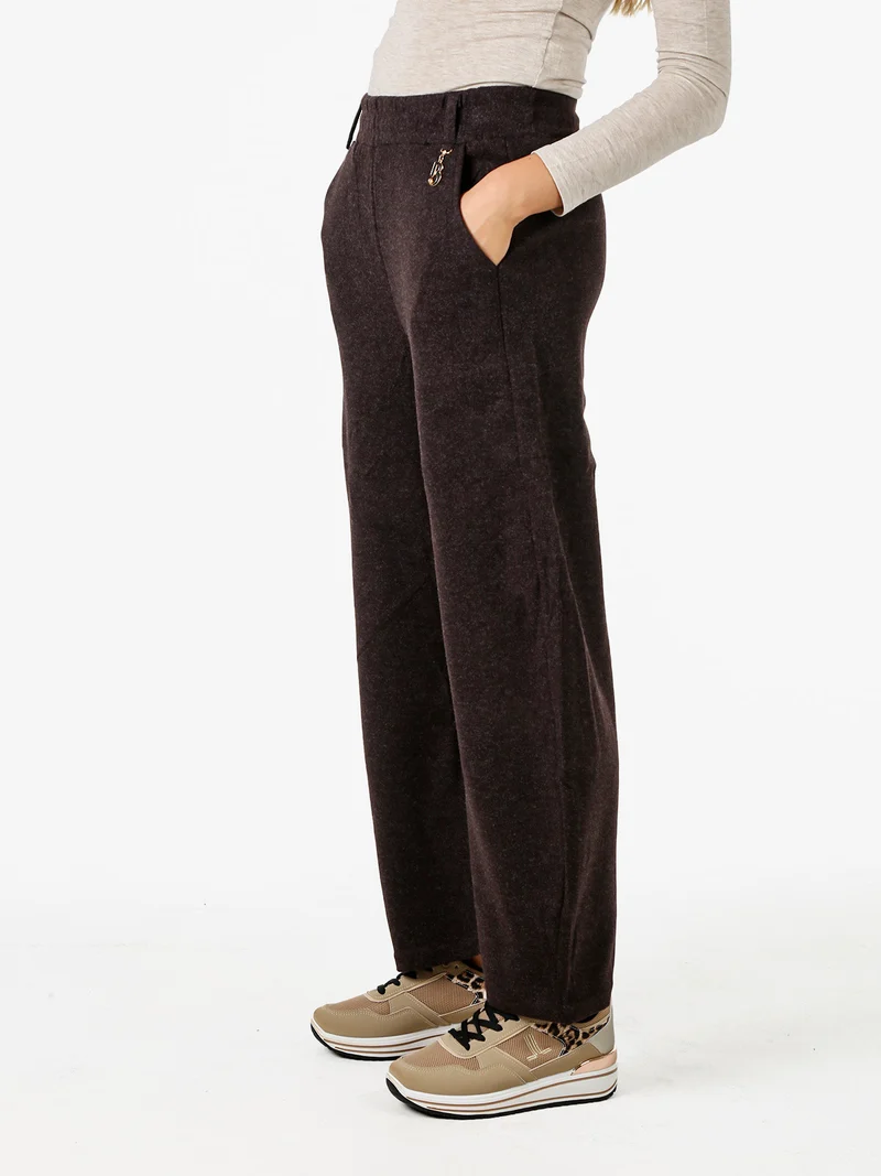 Pantaloni donna in feltro con elastico in vita - moro