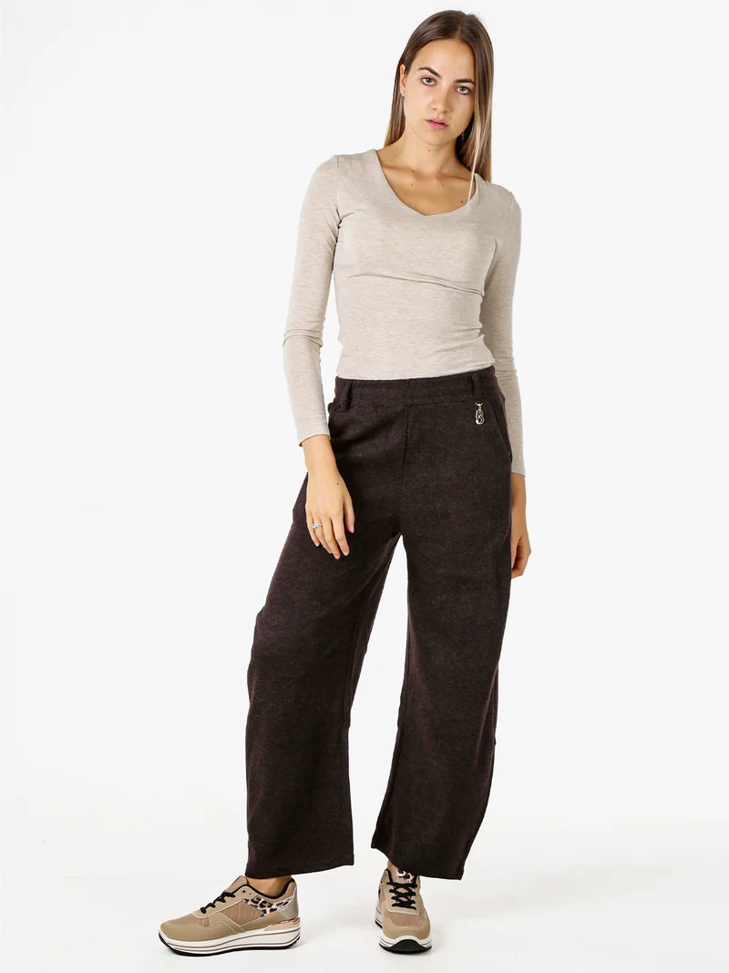 Pantaloni donna in feltro con elastico in vita - moro