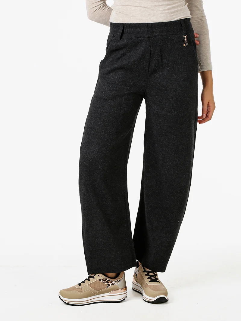 Pantaloni donna in feltro con elastico in vita - nero