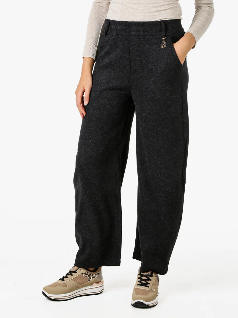 Pantaloni donna in feltro con elastico in vita - nero