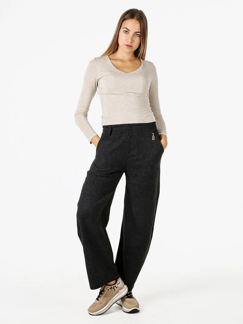 Pantaloni donna in feltro con elastico in vita - nero