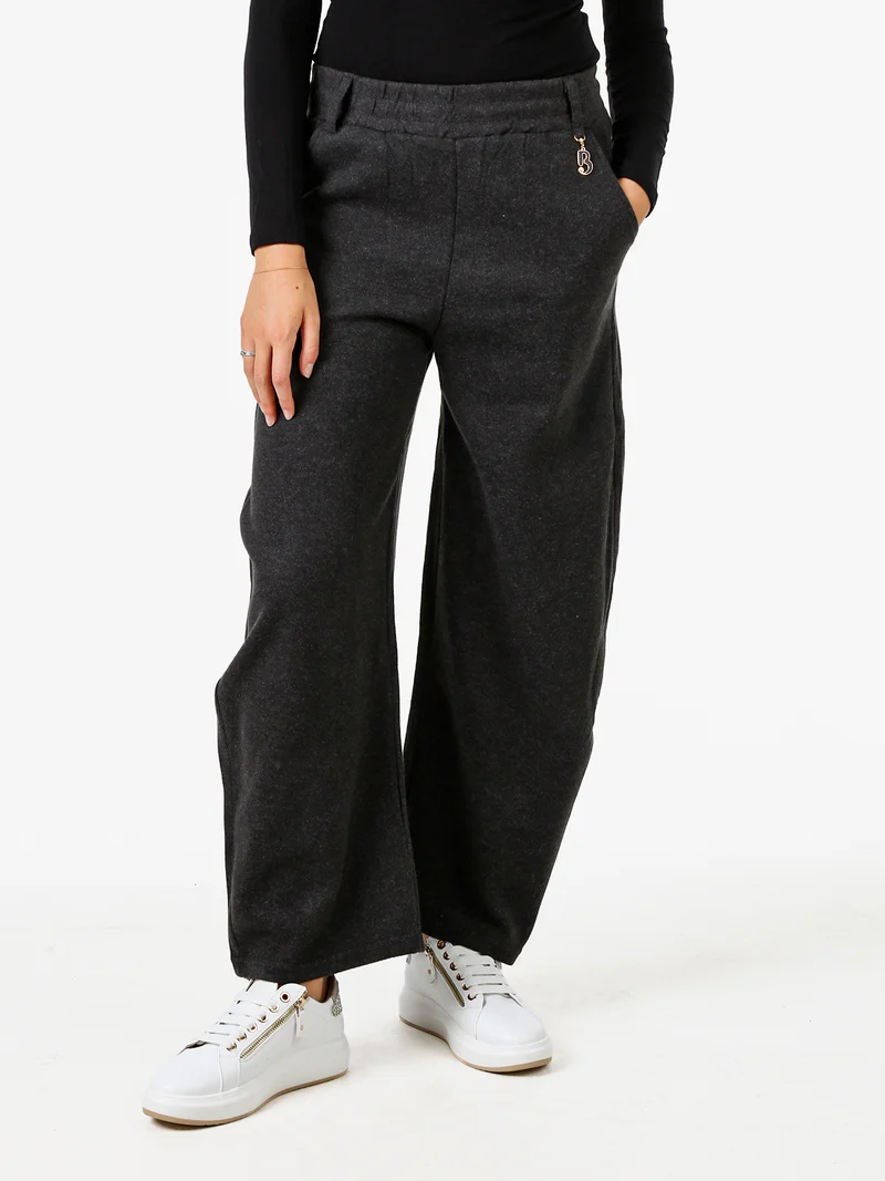 Pantaloni donna in feltro con elastico in vita - grigio scuro