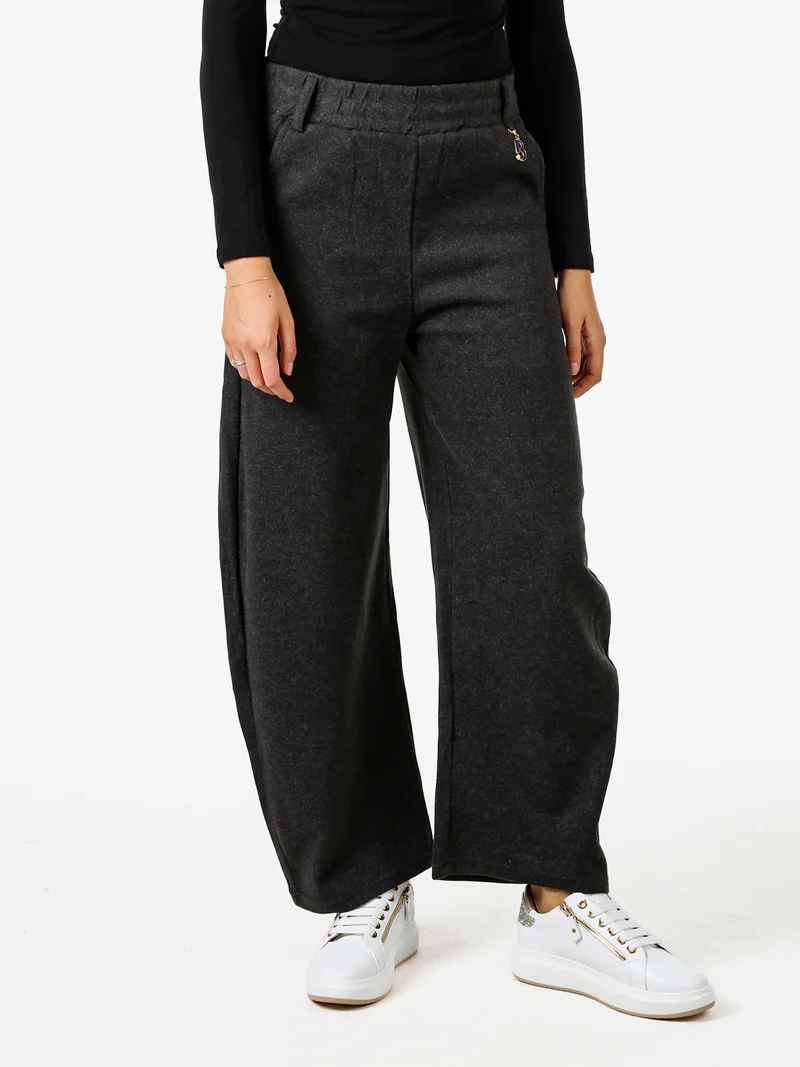Pantaloni donna in feltro con elastico in vita - grigio scuro