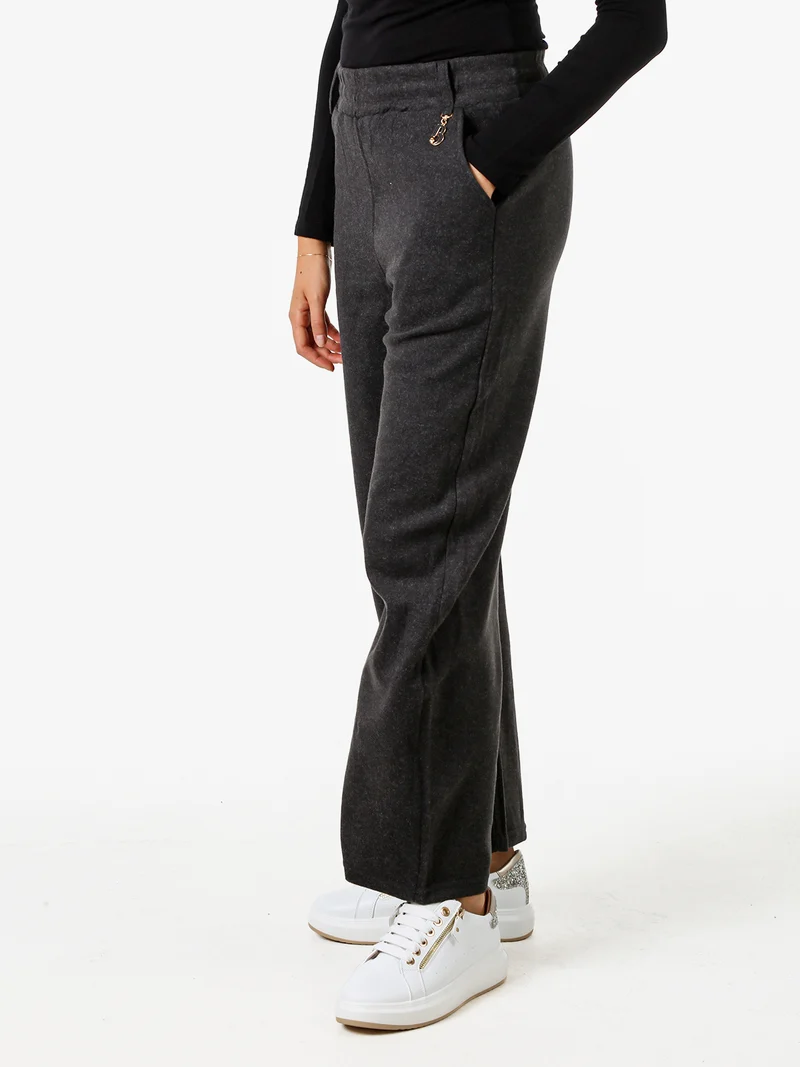 Pantaloni donna in feltro con elastico in vita - grigio scuro