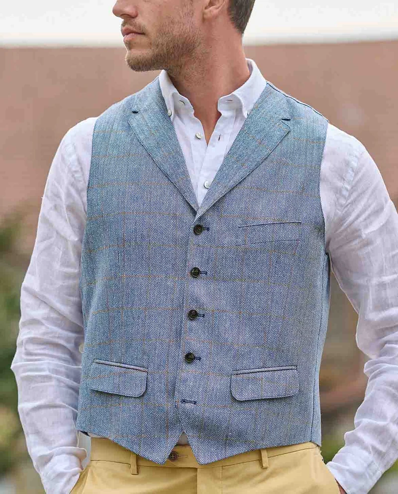 Sommerweste "Wales" aus reiner Seide in light blue check