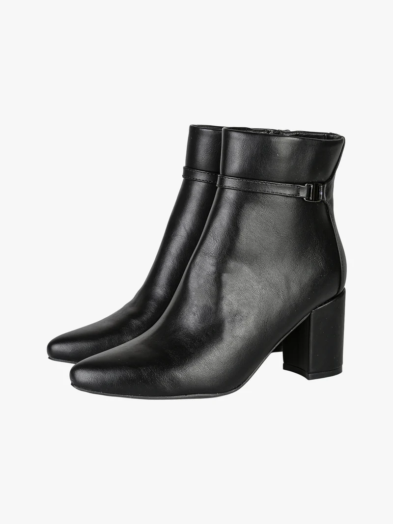 Tronchetti donna a punta con tacco largo e cinturino decorativo - nero