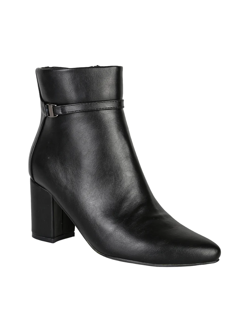 Tronchetti donna a punta con tacco largo e cinturino decorativo - nero