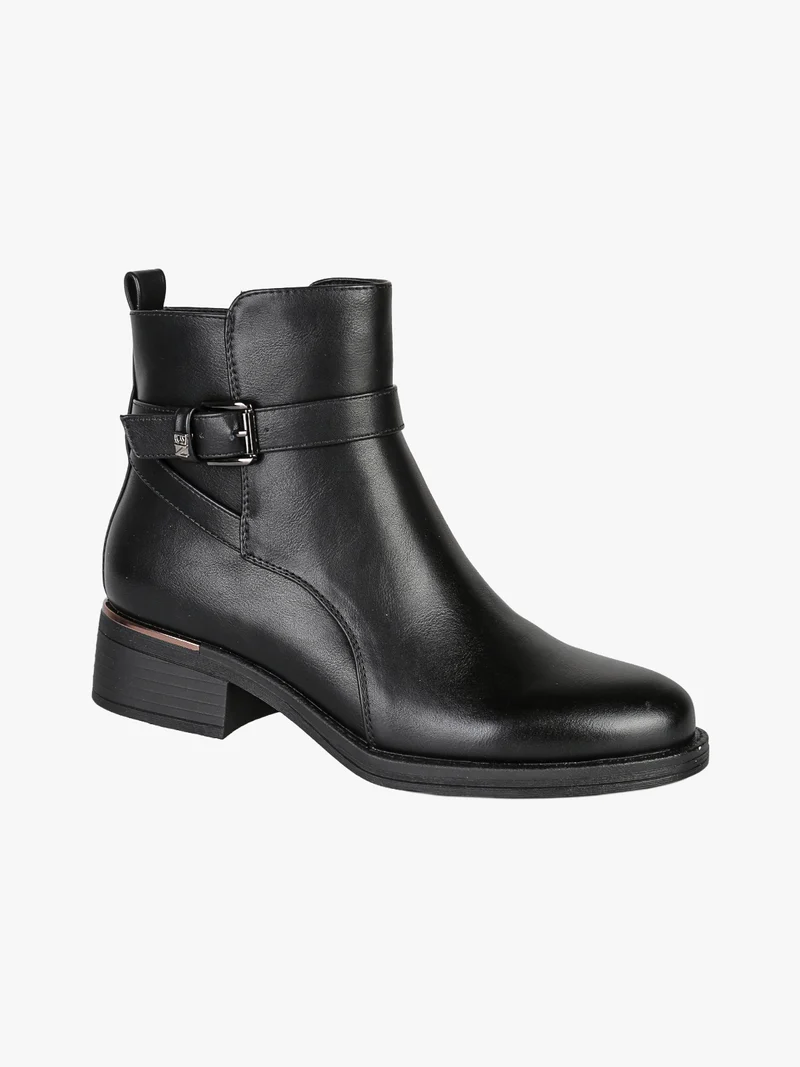 Stivaletti donna in ecopelle con fibbia decorativa e tacco basso - nero