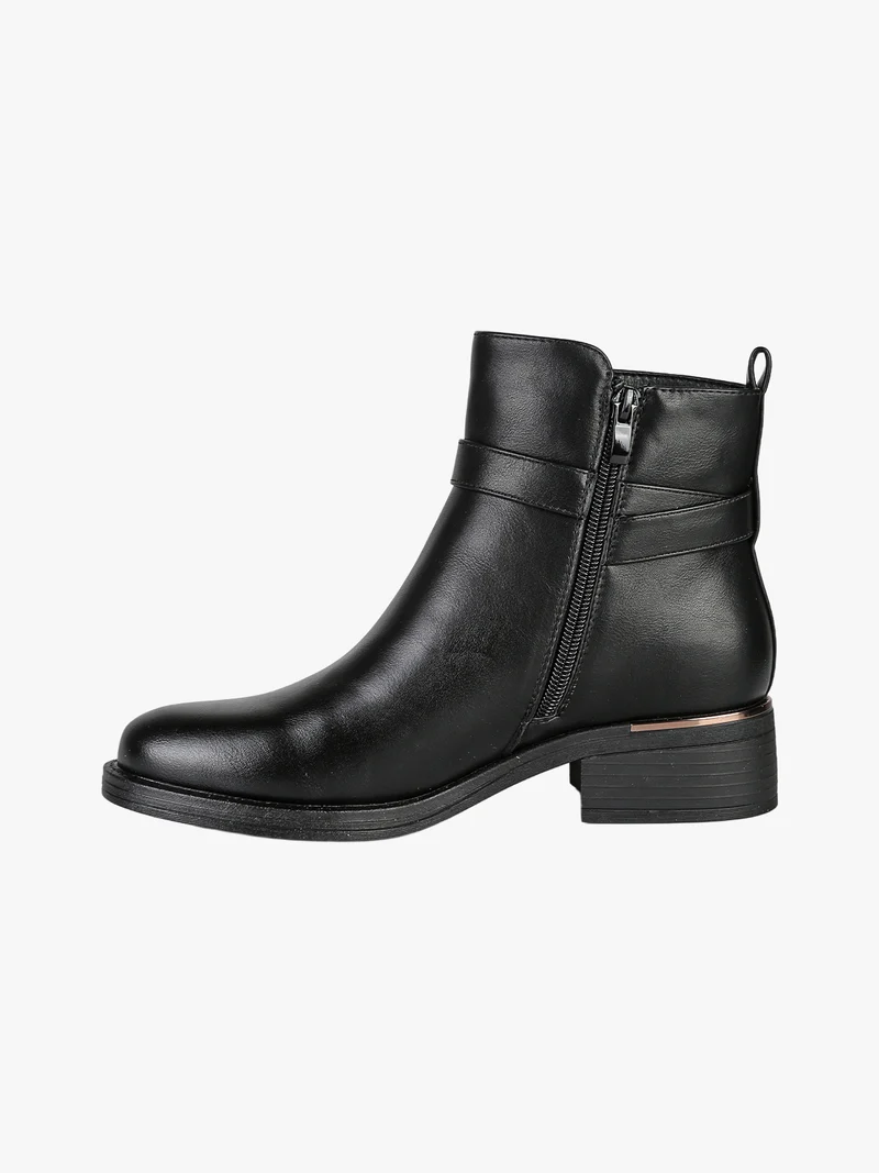 Stivaletti donna in ecopelle con fibbia decorativa e tacco basso - nero