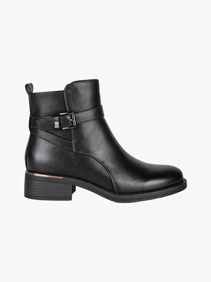Stivaletti donna in ecopelle con fibbia decorativa e tacco basso - nero