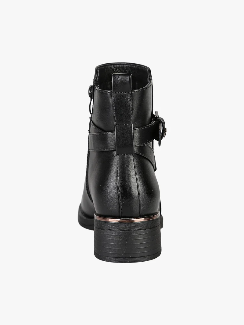 Stivaletti donna in ecopelle con fibbia decorativa e tacco basso - nero
