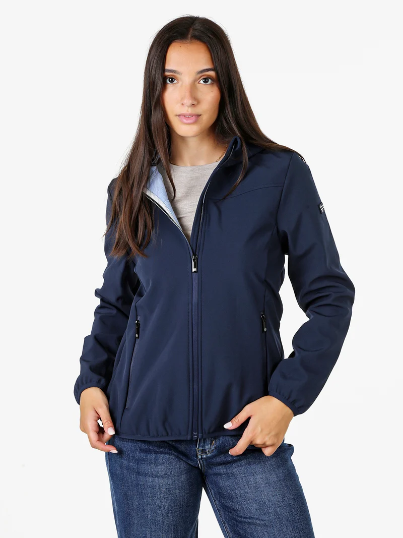 Giacca a vento da donna impermeabile con cappuccio e interno in micropile - blu scuro