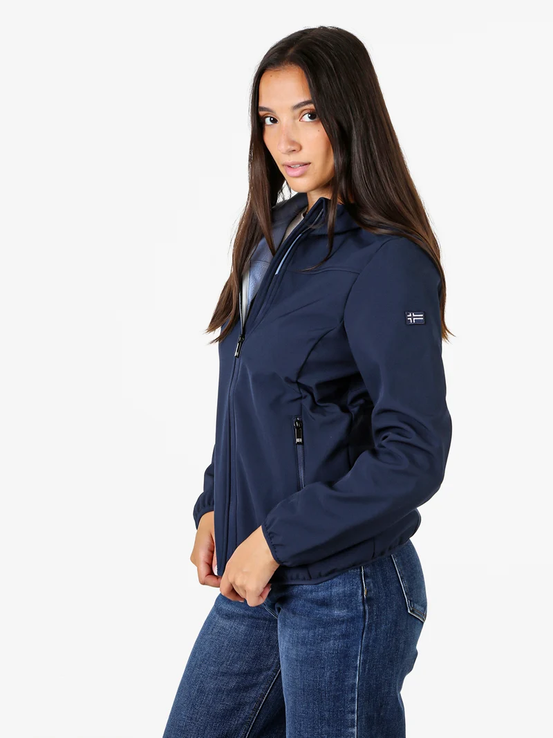 Giacca a vento da donna impermeabile con cappuccio e interno in micropile - blu scuro