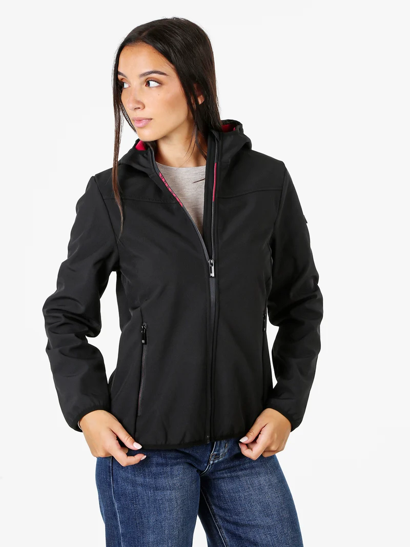 Giacca a vento da donna impermeabile con cappuccio e interno in micropile - nero