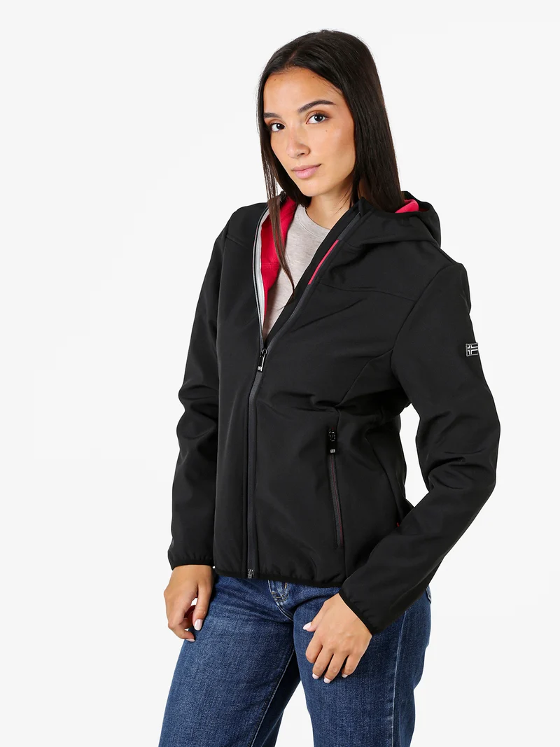 Giacca a vento da donna impermeabile con cappuccio e interno in micropile - nero