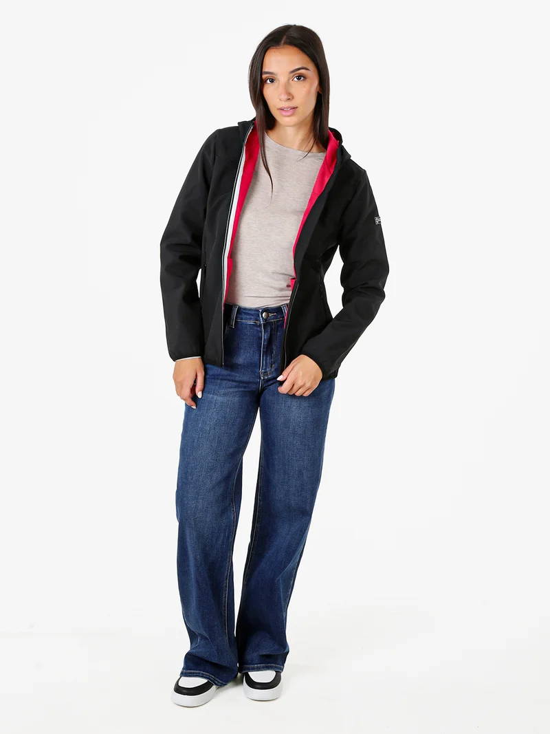Giacca a vento da donna impermeabile con cappuccio e interno in micropile - nero