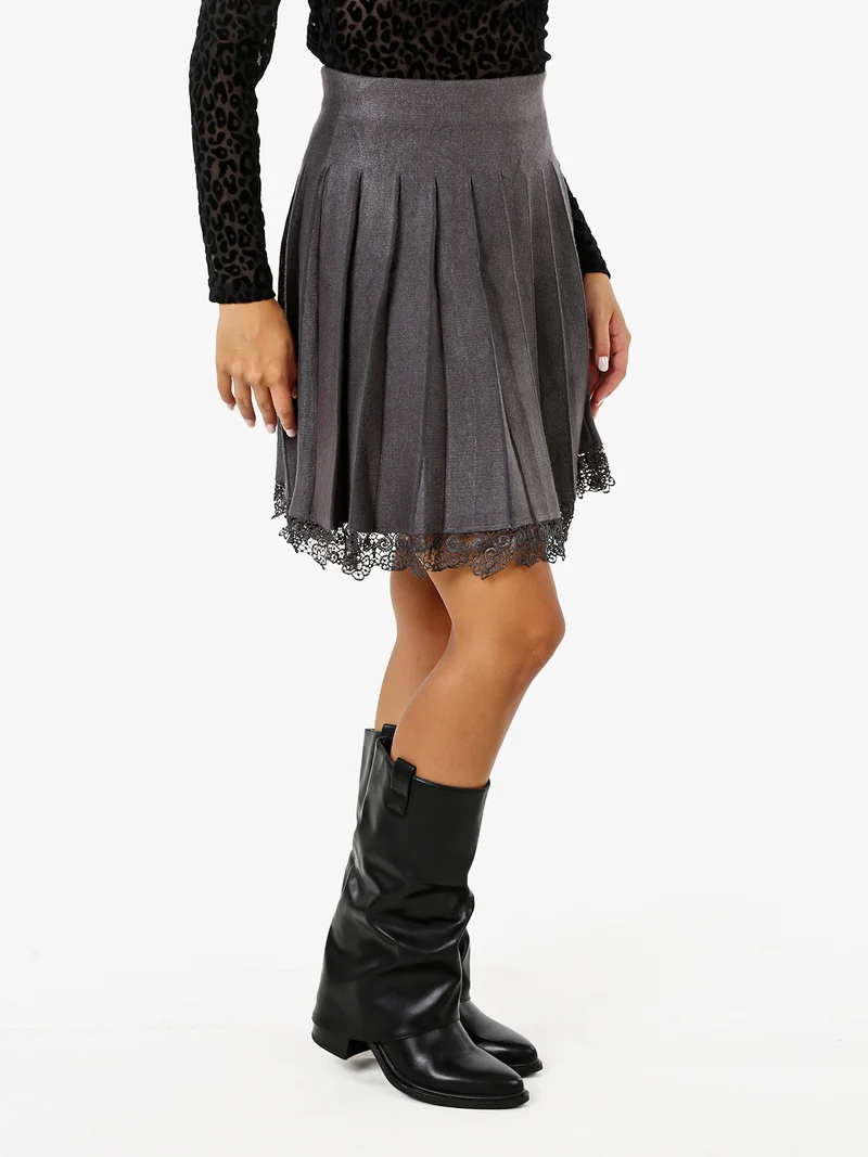 Gonna in maglia da donna con pieghe e ricamo in pizzo - grigio scuro