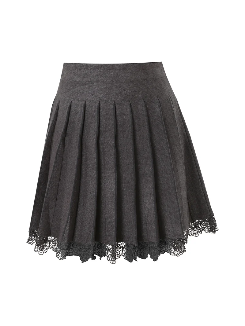 Gonna in maglia da donna con pieghe e ricamo in pizzo - grigio scuro