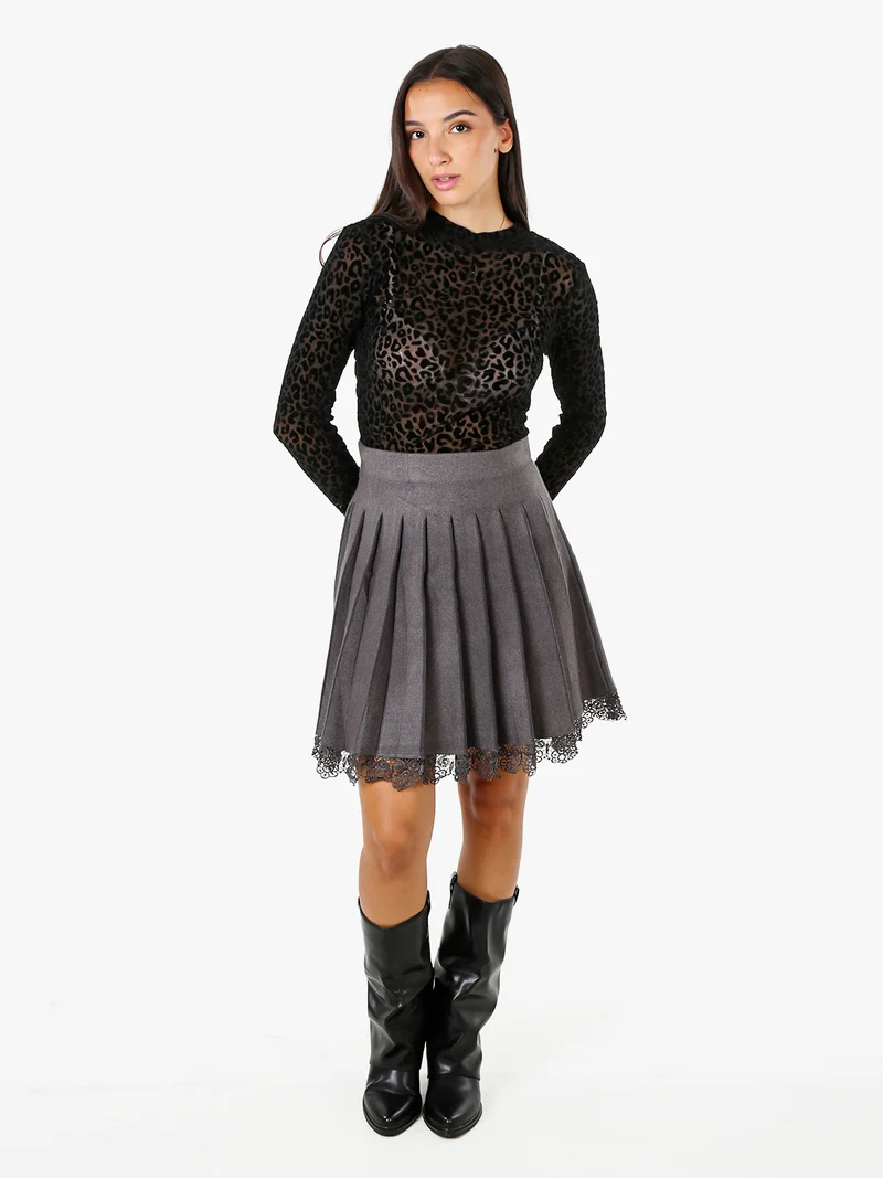 Gonna in maglia da donna con pieghe e ricamo in pizzo - grigio scuro