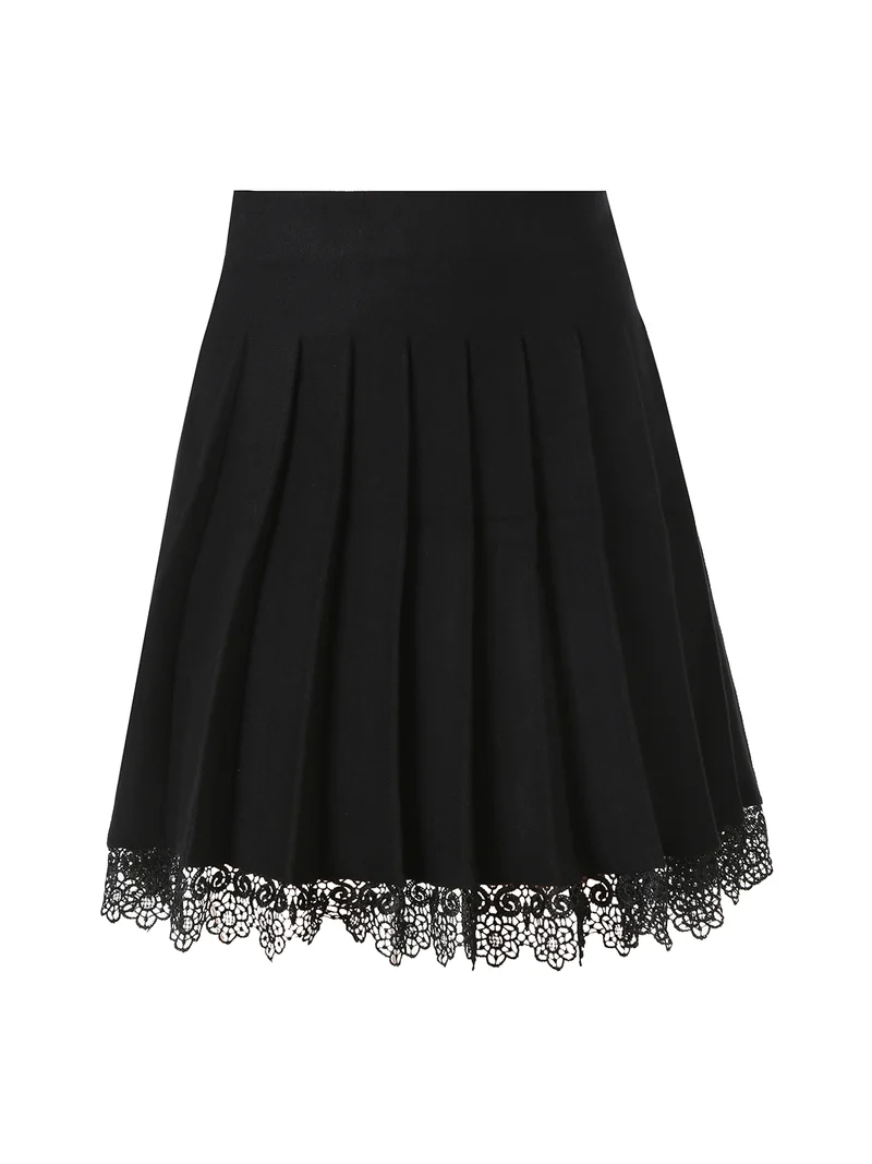 Gonna in maglia da donna con pieghe e ricamo in pizzo - nero