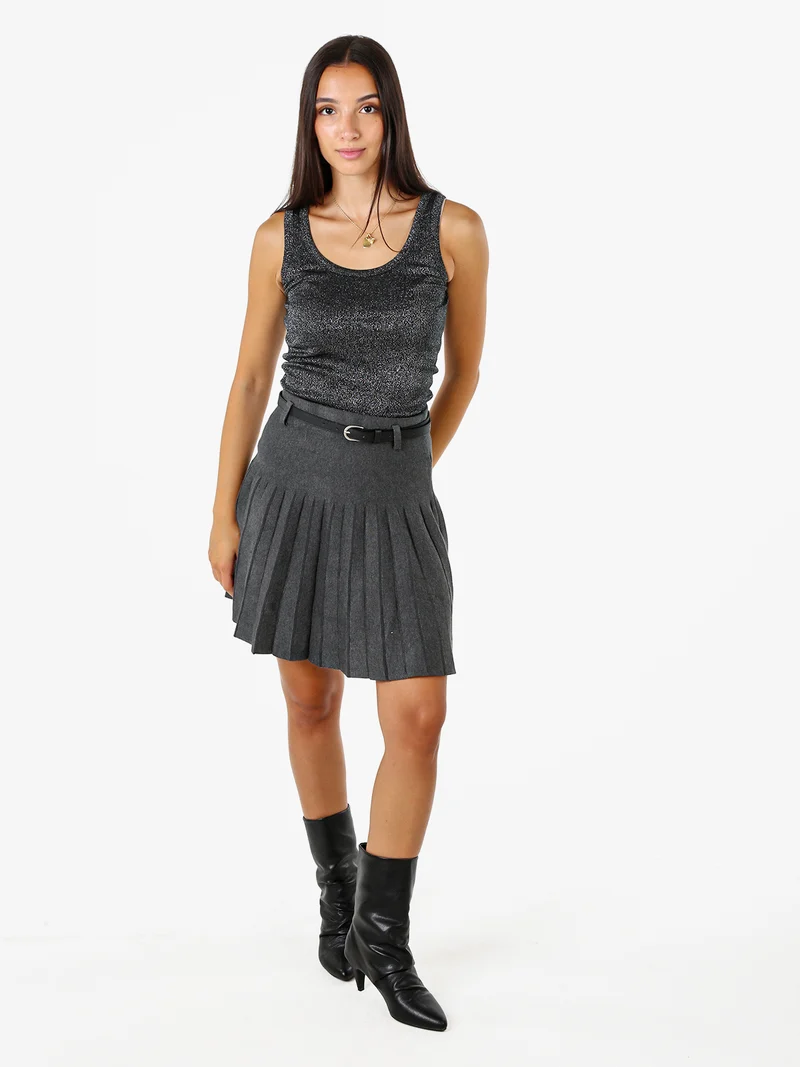 Gonna corta in maglia da donna a vita alta con pieghe - grigio