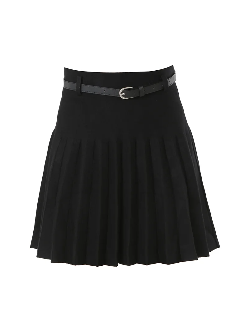 Gonna corta in maglia da donna a vita alta con pieghe - nero