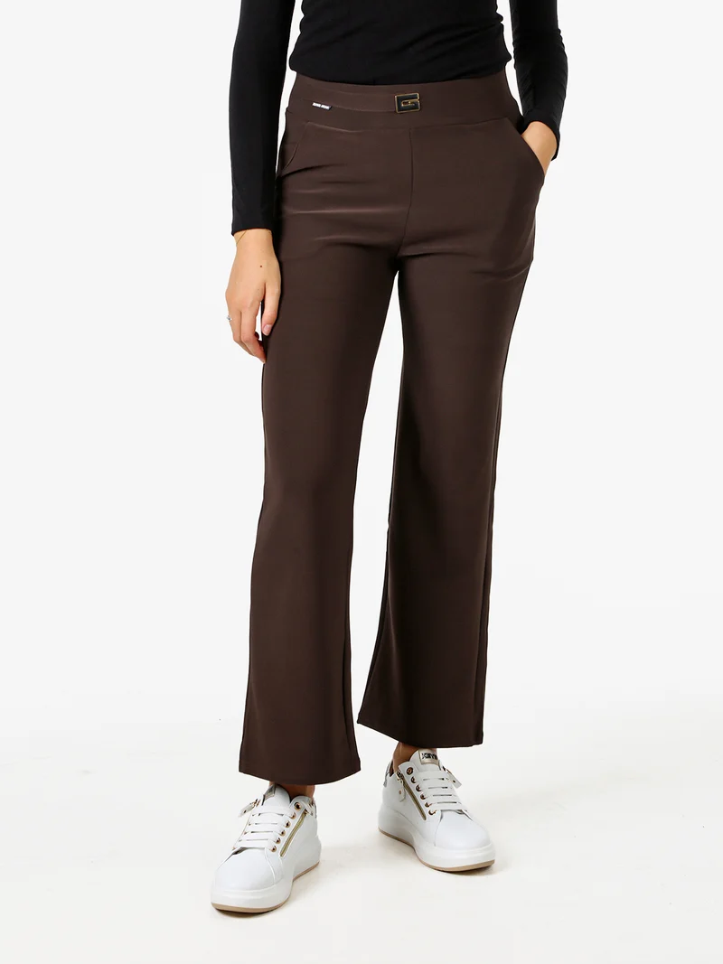 Pantaloni donna elasticizzati a vita alta con dettaglio - moro