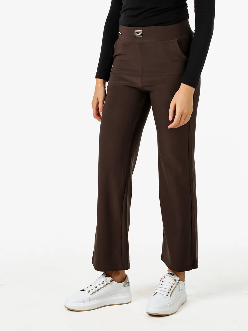 Pantaloni donna elasticizzati a vita alta con dettaglio - moro