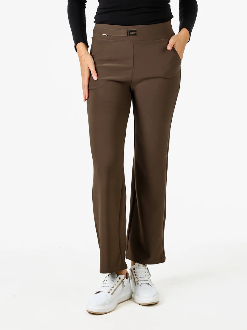 Pantaloni donna elasticizzati a vita alta con dettaglio - marrone