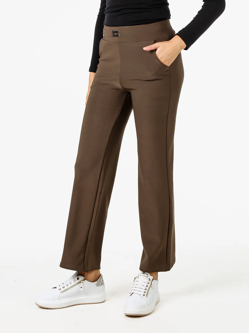 Pantaloni donna elasticizzati a vita alta con dettaglio - marrone