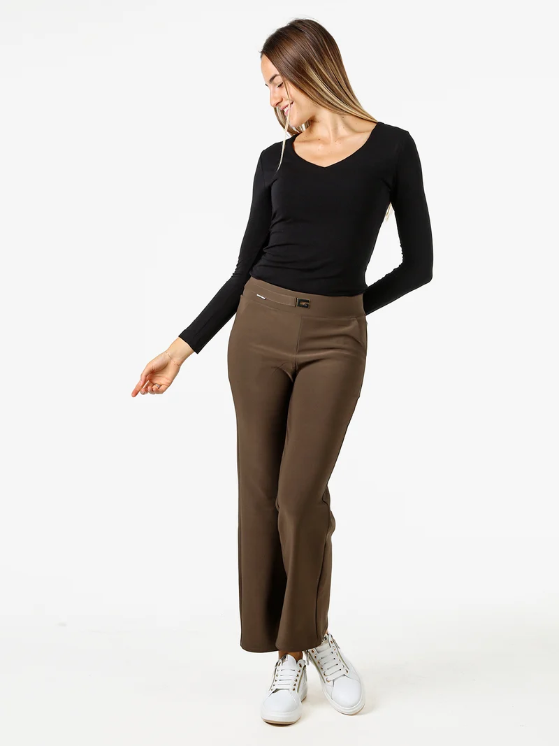 Pantaloni donna elasticizzati a vita alta con dettaglio - marrone