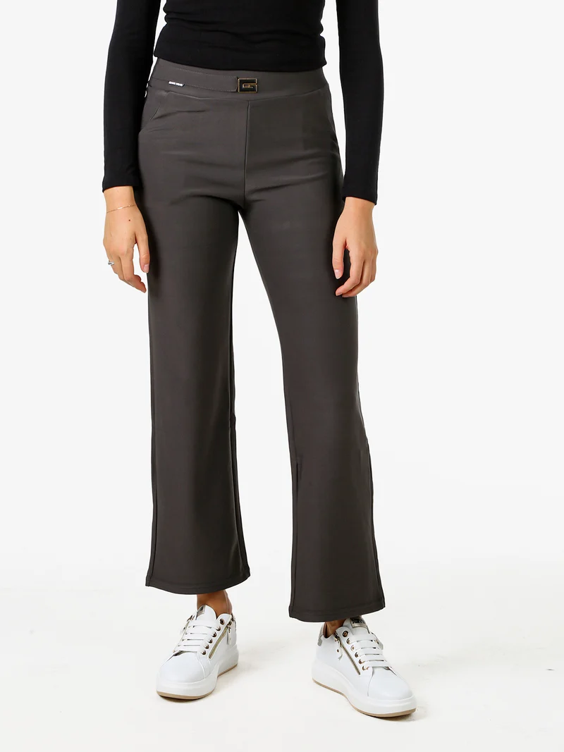 Pantaloni donna elasticizzati a vita alta con dettaglio - grigio scuro