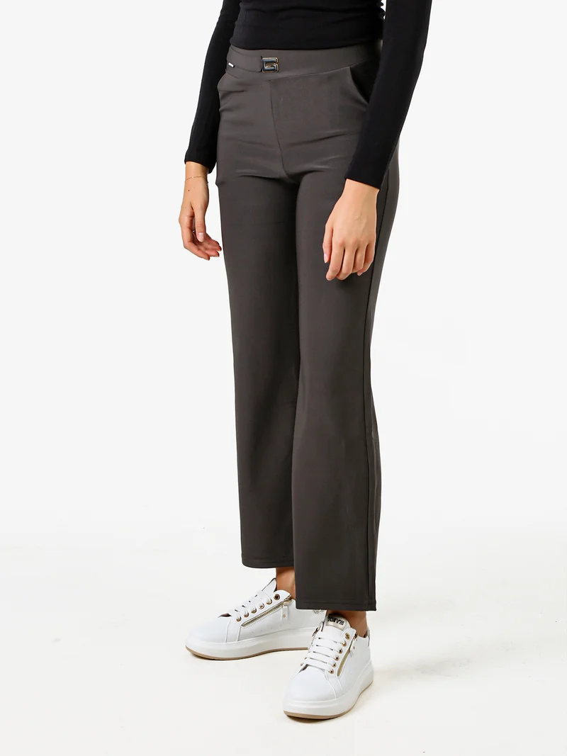Pantaloni donna elasticizzati a vita alta con dettaglio - grigio scuro