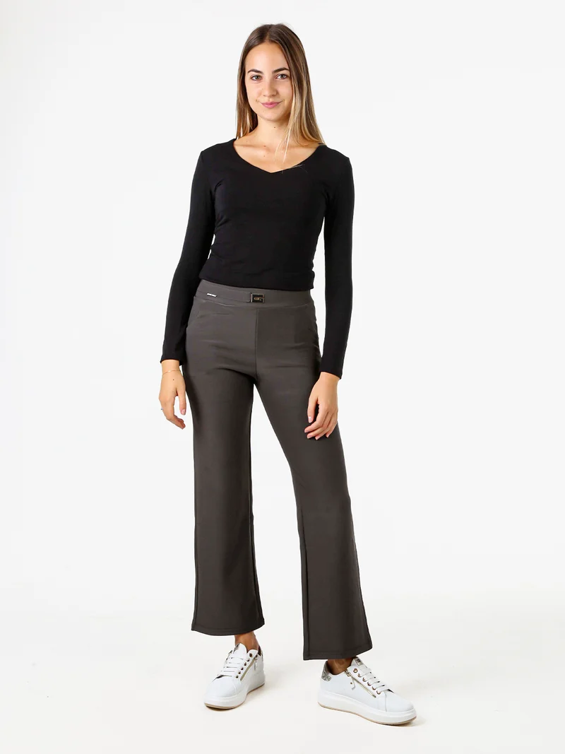 Pantaloni donna elasticizzati a vita alta con dettaglio - grigio scuro