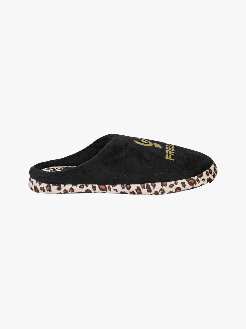 Pantofole donna in tessuto scamosciato con dettagli animalier - nero