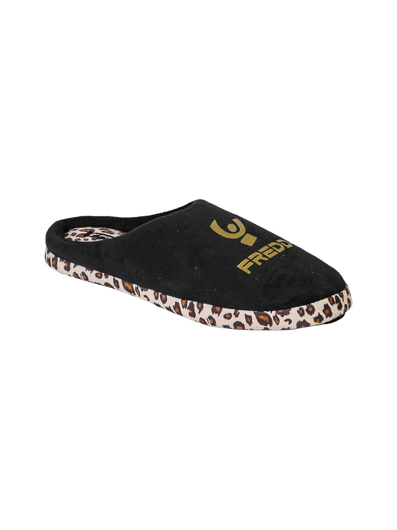 Pantofole donna in tessuto scamosciato con dettagli animalier - nero