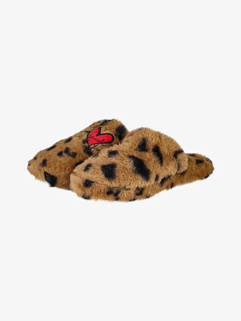Pantofole donna pelose con stampa animalier - marrone