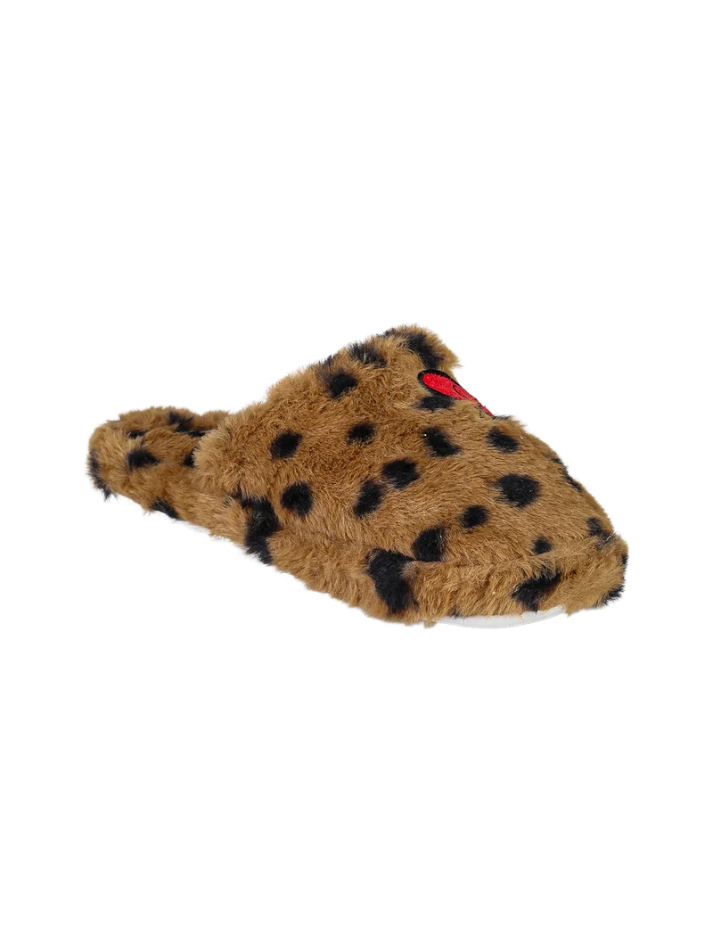 Pantofole donna pelose con stampa animalier - marrone