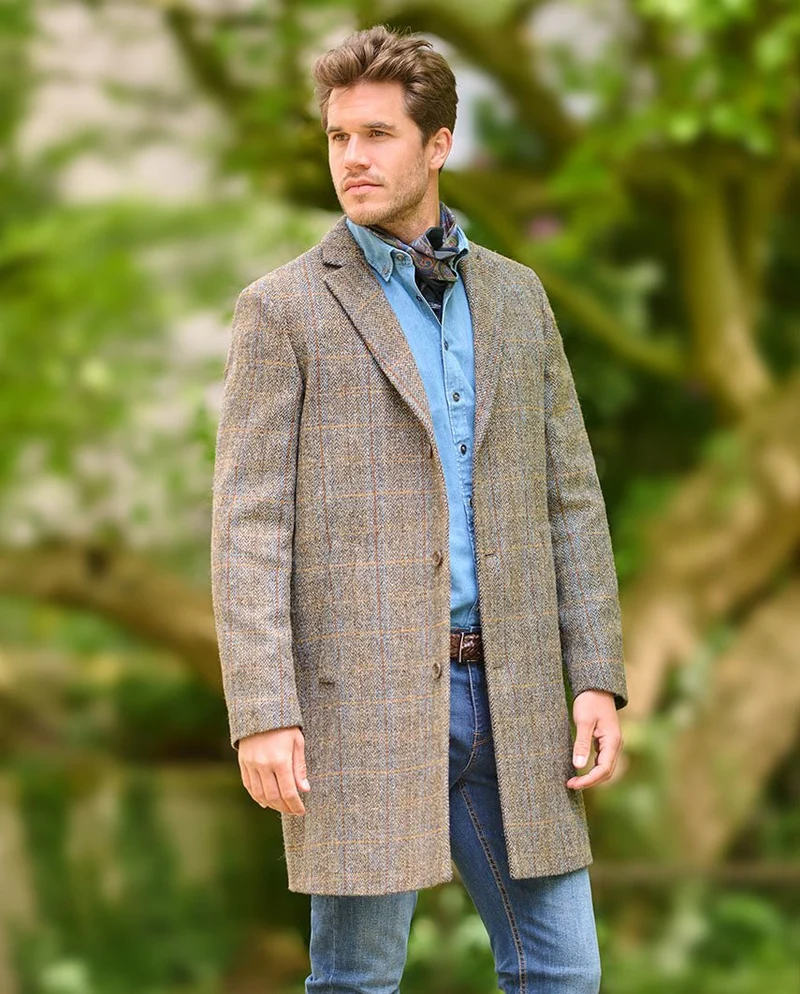 Harris Tweed Mantel "Barney" für Herren in green-blue herringbone