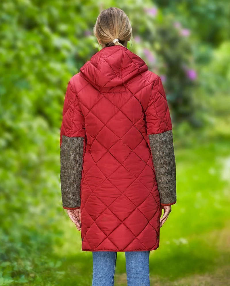 Damen Steppmantel "Perth Polar" mit Polar Fleece & Tweed Applikationen in red Dahlia