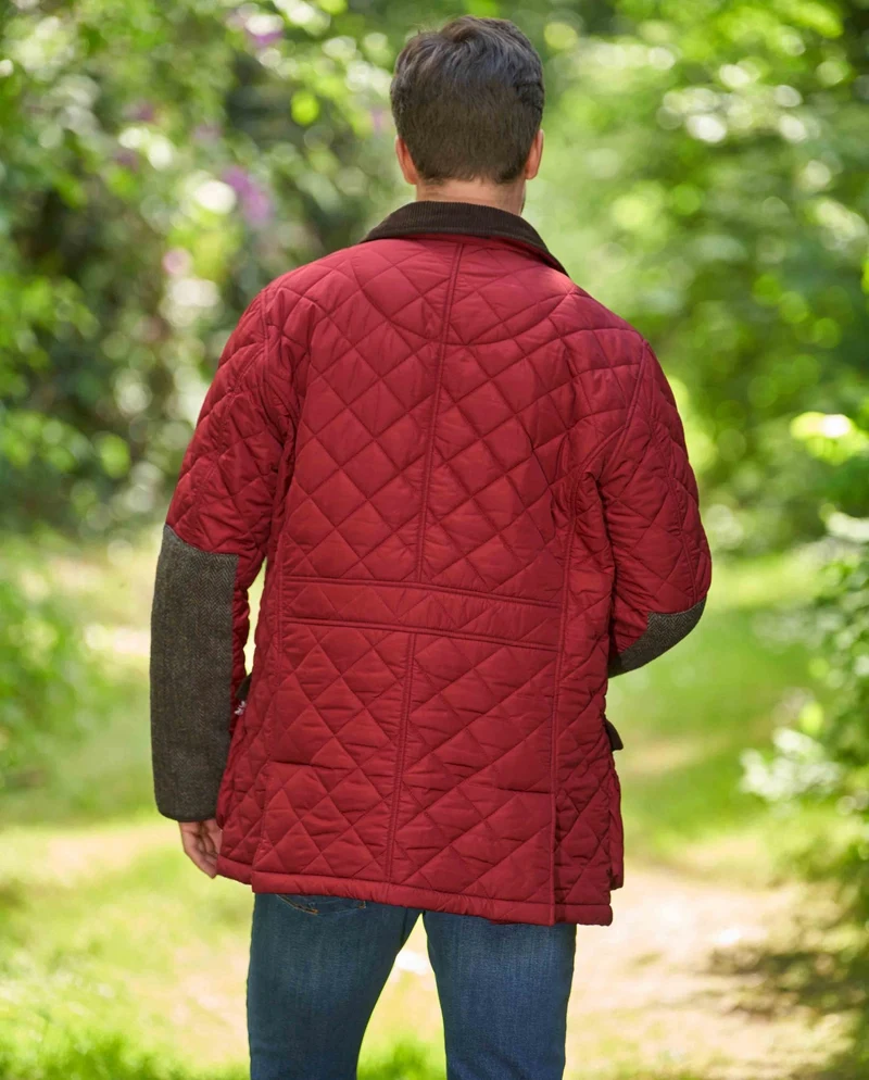 Herren Steppjacke "Boston" in red Dahlia mit Harris Tweed Applikationen