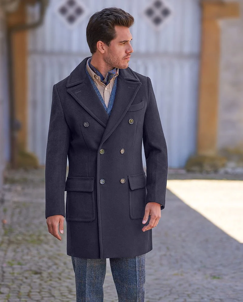 Herrenmantel "Dorchester" – Zweireiher in Navy aus edlem Woll-Kaschmir