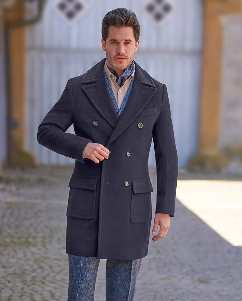 Herrenmantel "Dorchester" – Zweireiher in Navy aus edlem Woll-Kaschmir