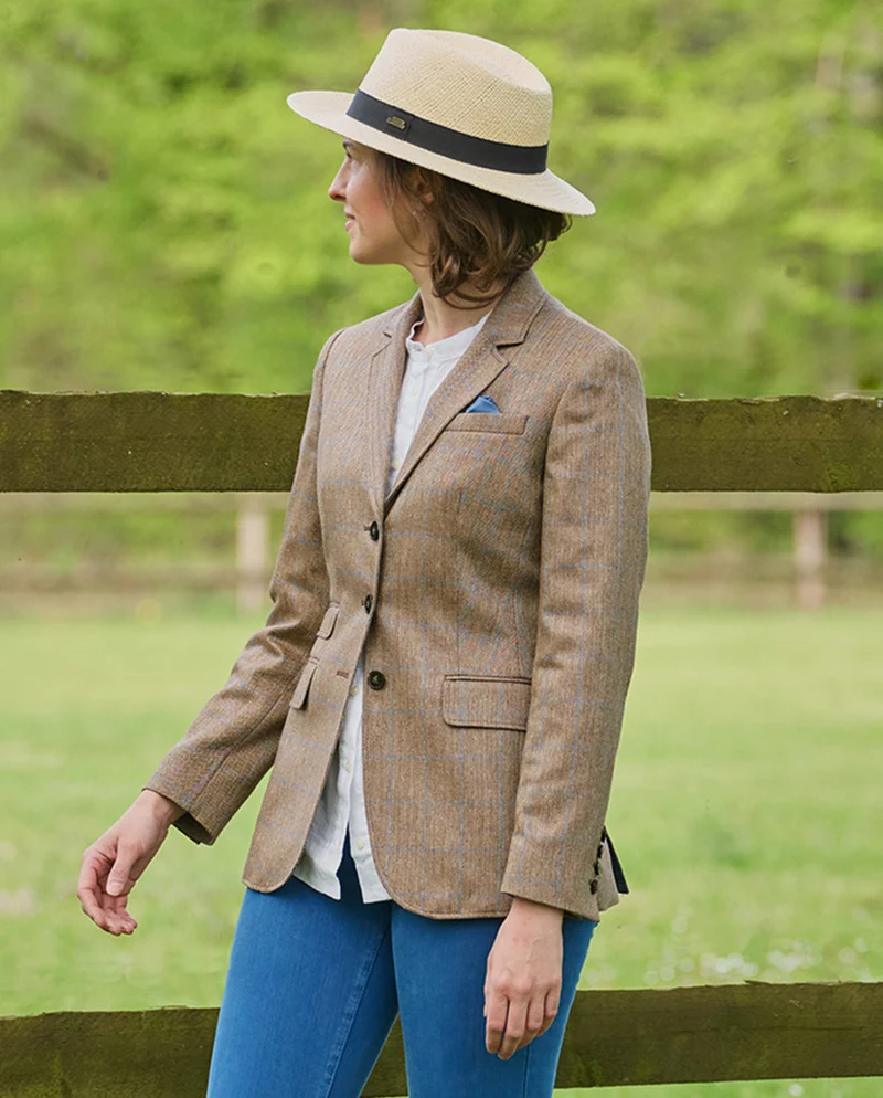 Damen Seidenblazer "Carola" im Fischgrat Dessin mit blauem Überkaro