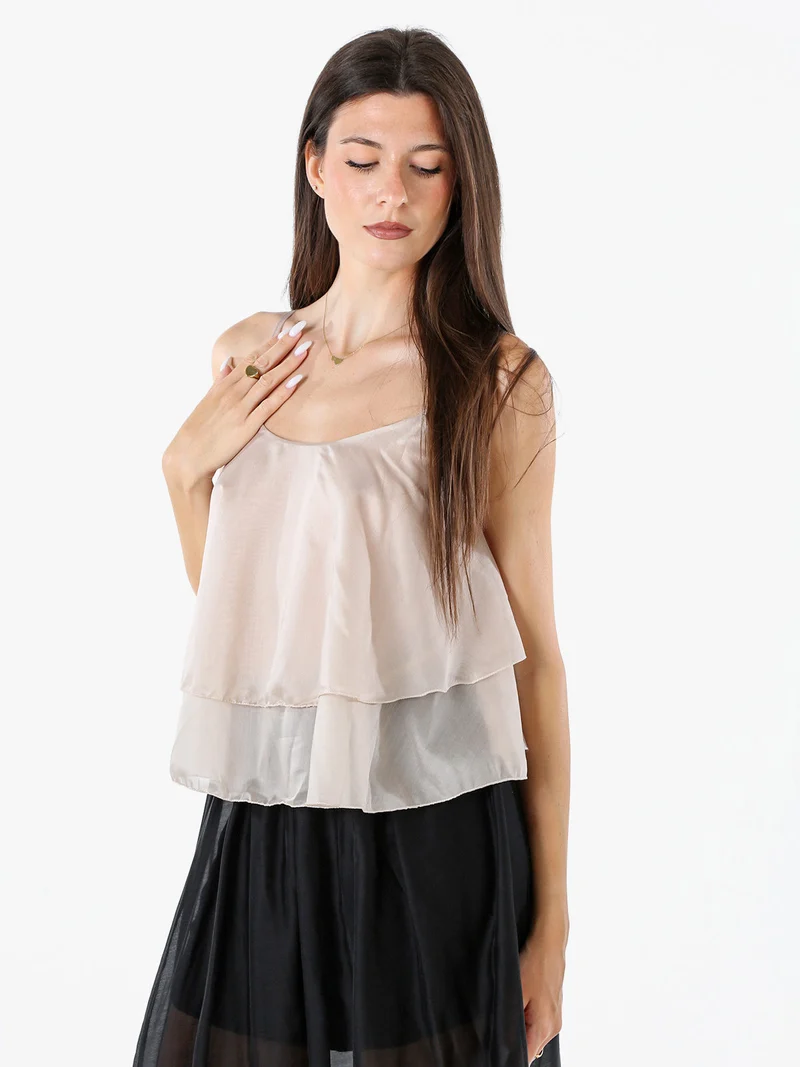 Top donna leggero con spalline strette e balza - beige