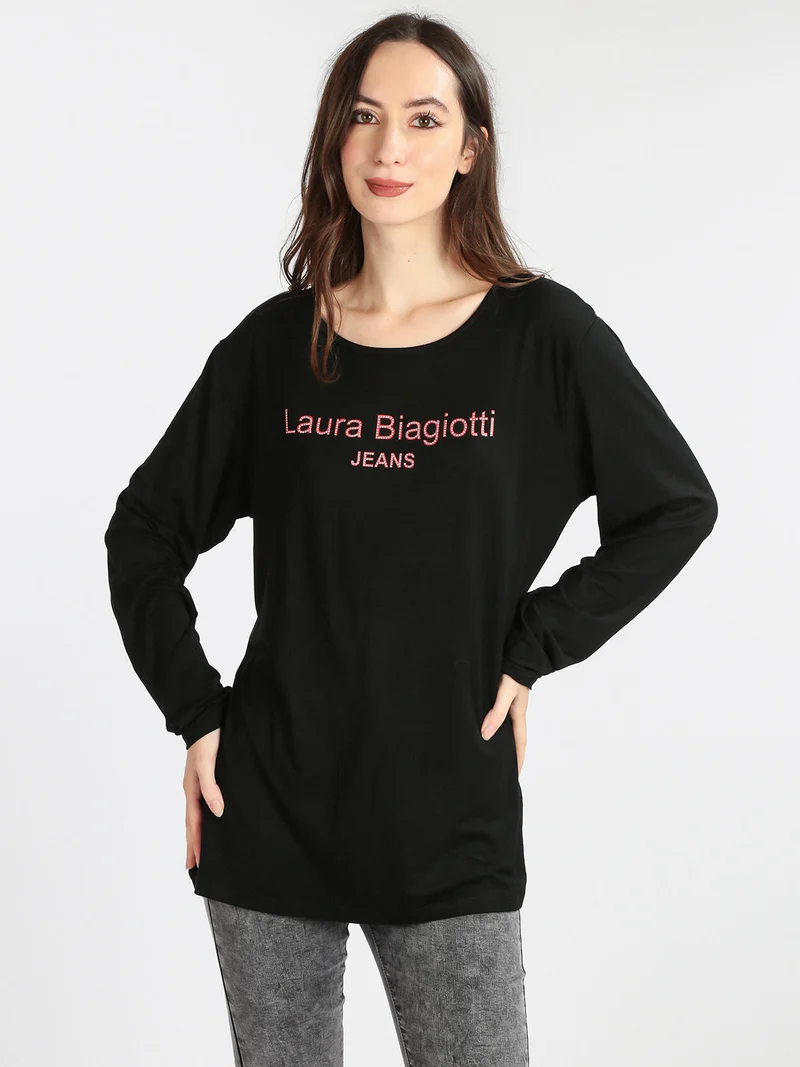 T-shirt da donna lunga con strass - nero