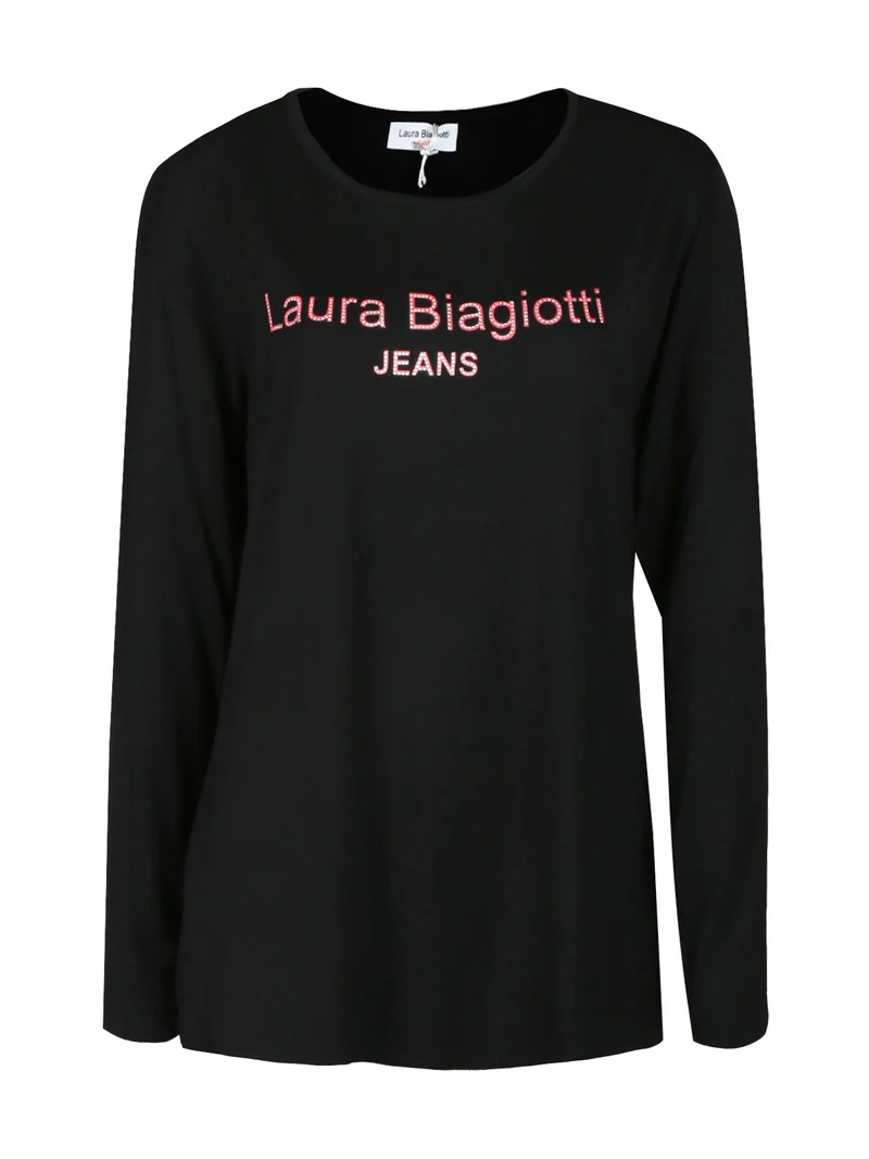 T-shirt da donna lunga con strass - nero
