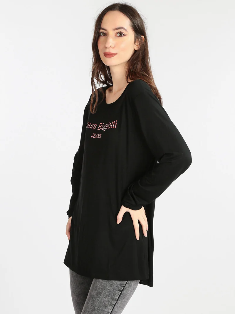 T-shirt da donna lunga con strass - nero