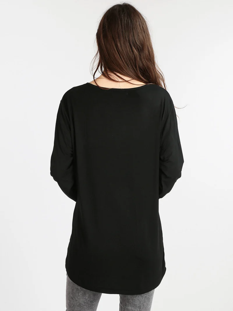 T-shirt da donna lunga con strass - nero