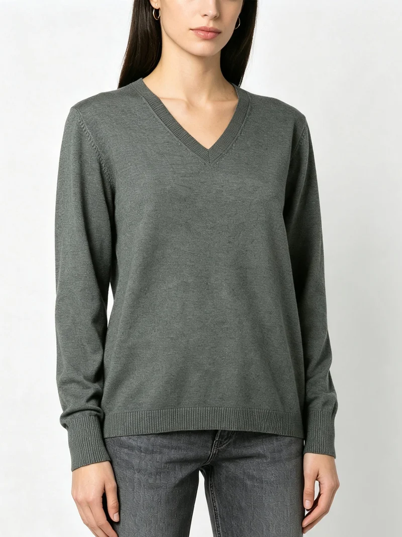 Pullover donna in maglia con scollo a V - militare